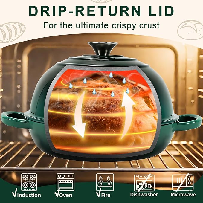 AHJ 6QT Dutch Oven For Bread Baking, Enameled Cast Iron Dutch Oven Pot with Lid, Multi-Functional Bread pan, Sourdough Baking Supplies with Proofing Basket, Cast Iron Bread Oven, Silicone Sling & Gloves. - Image 3