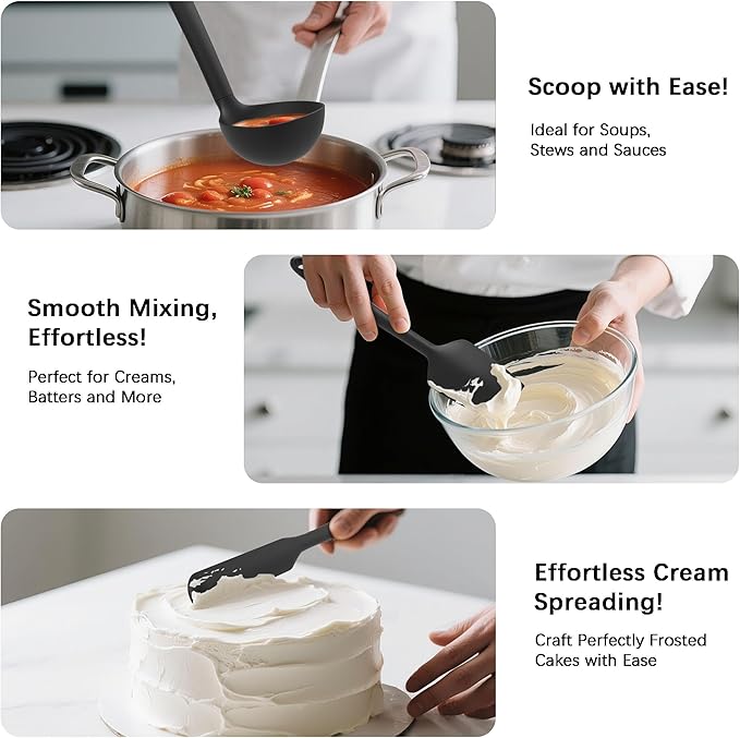 Coukre Silicone Kitchen Cooking Utensils Set with Holder – Heat-Resistant, Food-Grade Kitchen Tools, Spatula, Spoon & Gadgets for Non-Stick Pans, Dishwasher Safe (14, PureBlack) - Image 4