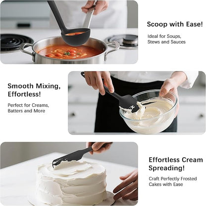 Coukre Silicone Kitchen Cooking Utensils Set with Holder – Heat-Resistant, Food-Grade Kitchen Tools, Spatula, Spoon & Gadgets for Non-Stick Pans, Dishwasher Safe (14, PureBlack) - Image 4