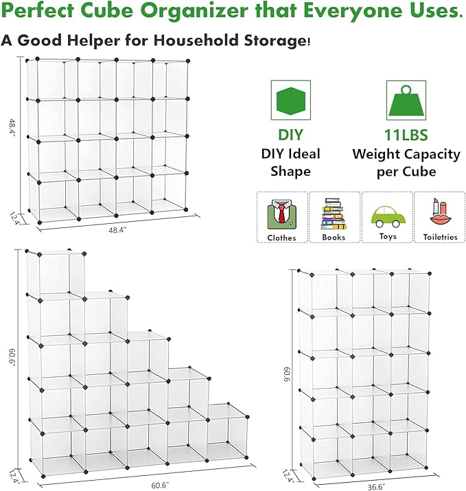 C&AHOME Cube Storage Organizer, 16-Cube Shelves Units, Plastic Storage Cubes, DIY Closet Organizer, Modular Closet Storage Shelves Ideal for Home, 48.4" L × 12.4" W × 48.4" H Transparent SUM3016W - Image 3