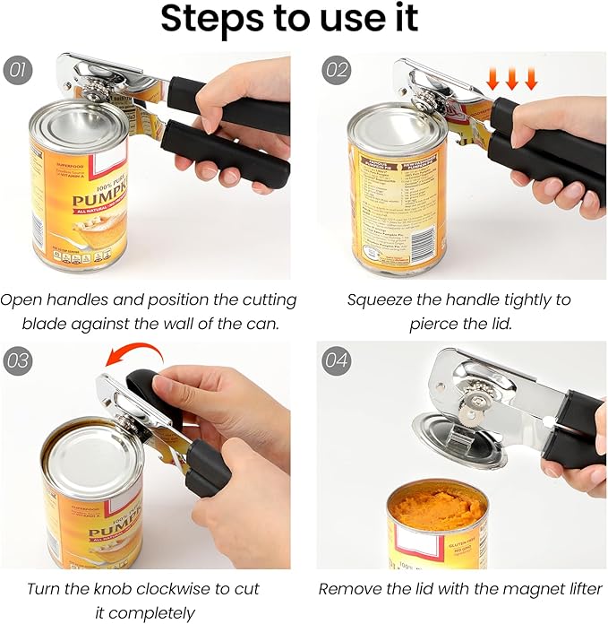 Can Opener Manual with Magnet Lift, Heavy Duty Handheld Smooth Edge Can Tin Opener for Seniors, Durable Sharp Cutting Blade,Easy Turn Knob Multifunctional Bottle Opener - Image 7