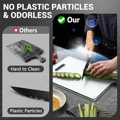 Tempered Glass Cutting Board for Kitchen Counter, 16"x12" Clear Chopping Board with Handle, Non-toxic, Plastic Free, Scratch Resistant, Heat Resistant, Dishwasher Safe, Easy to Clean