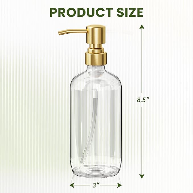 AmazerBath Soap Dispenser, 2 Pack Glass Soap Dispenser with Pump Stainless Steel, 17 Oz Clear Gold Hand Soap Dispensers for Bathroom and Kitchen - Image 3