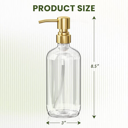 AmazerBath Soap Dispenser, 2 Pack Glass Soap Dispenser with Pump Stainless Steel, 17 Oz Clear Gold Hand Soap Dispensers for Bathroom and Kitchen - Image 3