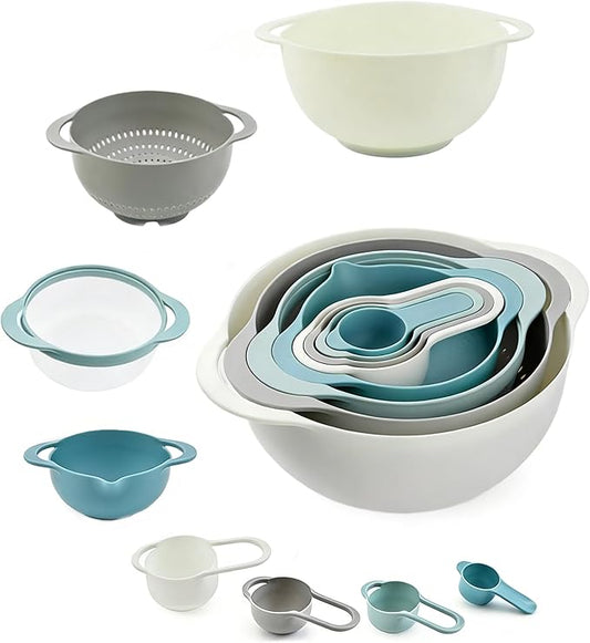 Plastic Mixing Bowls Set 8/10 PCS with Measuring Spoon, Colorful Serving Bowls for Kitchen, Ideal for Baking, Prepping, Nesting Bowls for Space Saving Storage (Pebble) by FoniFox