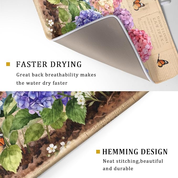 Vintage Flowers Dish Drying Mat Large 24 X18 Hydrangea Microfiber Drying Matt Kitchen Counter - Image 3