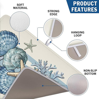Nautical Coastal Dish Drying Mat for Kitchen Counter Summer Beach Seashell Starfish Microfiber Dish Drainer Mat Ocean Blue Pattern Absorbent Washable Drying Pad Extra Large 18"x24"