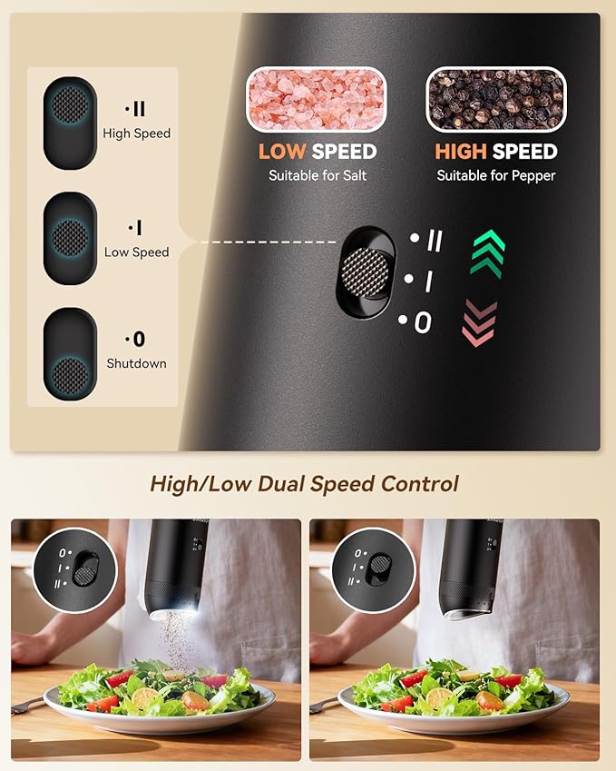 WONMAKE Gravity Electric Salt and Pepper Grinder Set with Charging Base, Automatic Salt and Pepper Mill, 6-Level Adjustable Coarseness, Dual Speed, and Large 5.95oz Capacity - Image 4
