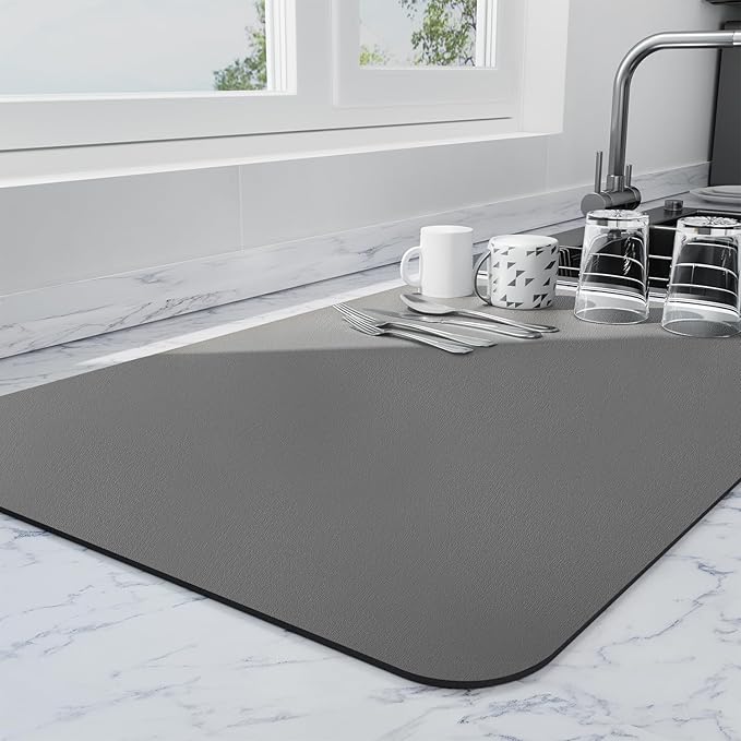 Ecotrim - Dish Drying Mat for Kitchen Counter | Coffee Bar Mat for Countertops | Heat Resistant Drainer Mat with Non-slip Rubber Backed | Hide Stain Kitchen Absorbent Draining Mat | Dark Grey 16"x24" by Unknown