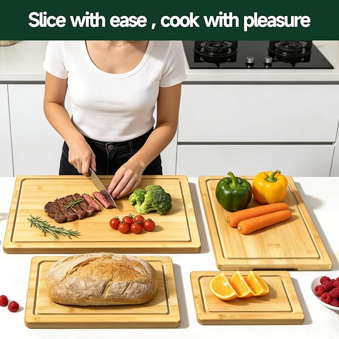 4-Piece Set Bamboo Cutting Board for Kitchen - Crack-Resistant Wood Chopping Boards with Deep Juice Grooves, Pre-Oiled Butcher Block for Meat, Vegetables & Cheese, Natural - Image 7