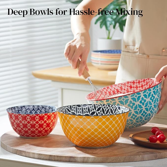 DOWAN Mixing Bowls, Ceramic Mixing Bowls for Kitchen, Colorful Vibrant Nesting Bowls for Cooking, Baking, Prepping, Serving, Salad, Housewarming Gift, Microwave Dishwasher Safe, 3.7/2/1 Qt, Set of 3 - Image 3