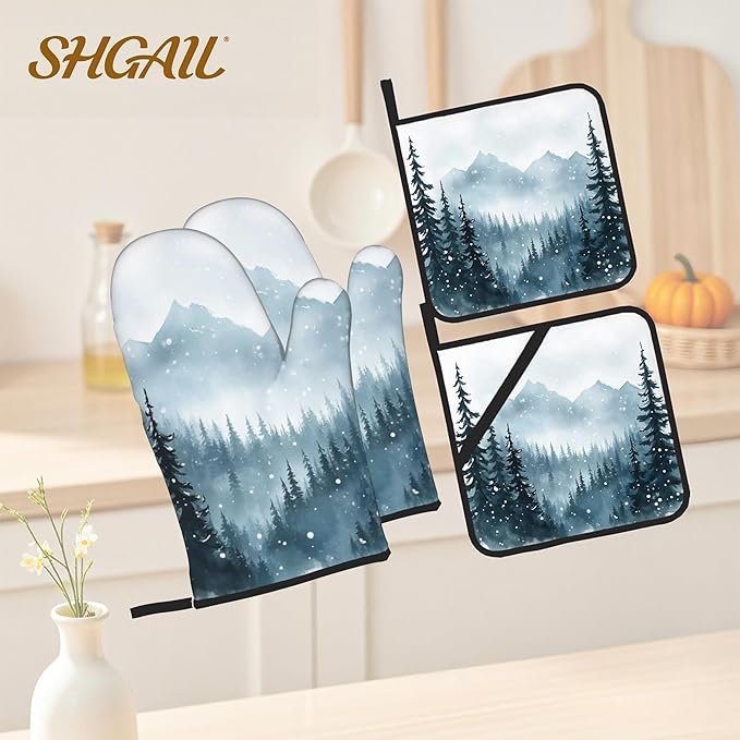 Winter Forest Oven Mitts and Heat Resistant Pads - Heat Resistant Gloves Potholder Set of 4 for Cooking, BBQ, Gifts for Women