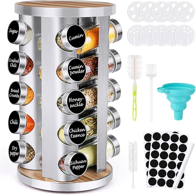 Spice Rack Organizer with Jars for Cabinet (20Pcs) Revolving/Rotating Seasoning Organizer, Stainless Steel/Wooden Countertop Rack Tower Organizer for Kitchen Pantry with Reusable Labels/Funnel/Brushes by CANTAMI