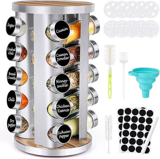 Spice Rack Organizer with Jars for Cabinet (20Pcs) Revolving/Rotating Seasoning Organizer, Stainless Steel/Wooden Countertop Rack Tower Organizer for Kitchen Pantry with Reusable Labels/Funnel/Brushes by CANTAMI