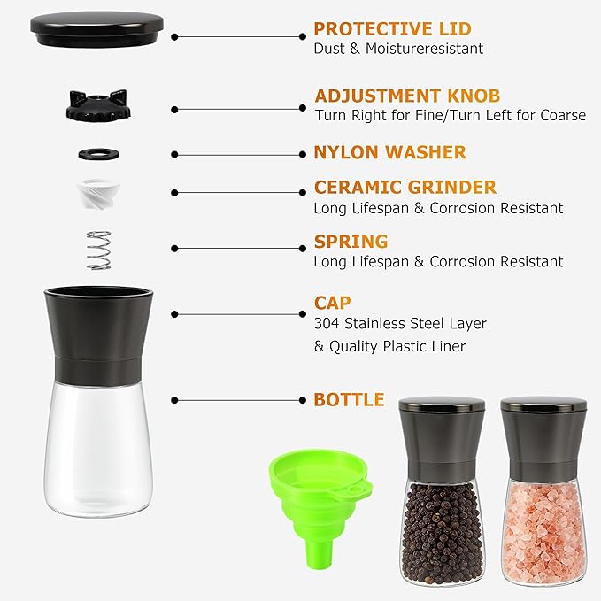 R DRURLCD Metal Bronze Salt and Pepper Grinder Set of 2 - Adjustable Ceramic Grinder - Glass Salt and Pepper Shakers W/Funnel - Spice Mill Bronze Kitchen Accessories