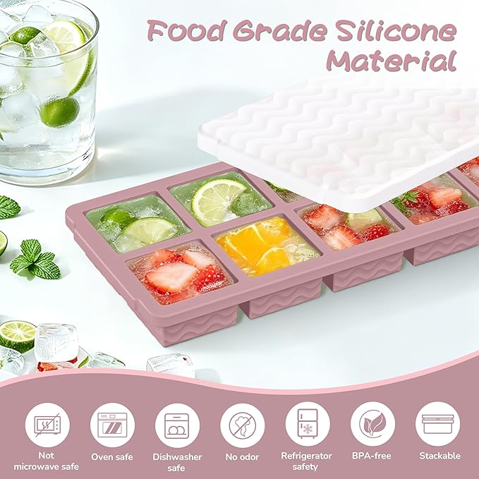 Doasuwish Ice Cube Trays with Lid, 3 Pack 10 Cubes 2 Tbsp. Silicone Ice Cube Trays for Freezer, Perfect for Freezing and Storing Ice Cubes, Chocolates, Sauces, Juices, Fruit Purees and More, BPA Free