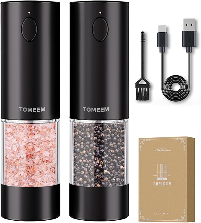 TOMEEM Upgraded Larger Capacity Electric Salt and Pepper Grinder Set Rechargeable with LED lights, Stainless Steel Automatic Pepper and Salt Grinder Refillable with 5 Adjustable Coarseness Black by Tomeem
