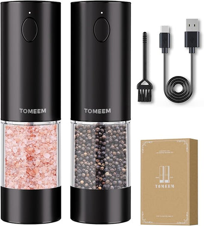 TOMEEM Upgraded Larger Capacity Electric Salt and Pepper Grinder Set Rechargeable with LED lights, Stainless Steel Automatic Pepper and Salt Grinder Refillable with 5 Adjustable Coarseness Black by Tomeem