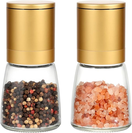 Vucchini Gold Salt and Pepper Grinder Mill - Adjustable Coarseness Ceramic Brass Spice Grinder Shaker - Refillable Glass Pepper Grinders for Home Golden Kitchen Accessories by Vucchini