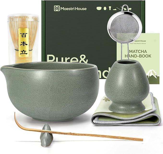 Maestri House Matcha Whisk Set, 7-Pc Complete Matcha Kit with Spouted Ceramic Bowl, Bamboo Whisk and Holder, Scoop, Spoon Rest & Sifter, Tea Cloth – Ideal Gift for Matcha Lovers (Moss-Green) by MaestriHouse