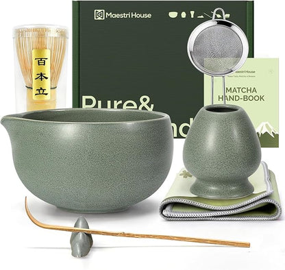 Maestri House Matcha Whisk Set, 7-Pc Complete Matcha Kit with Spouted Ceramic Bowl, Bamboo Whisk and Holder, Scoop, Spoon Rest & Sifter, Tea Cloth – Ideal Gift for Matcha Lovers (Moss-Green) by MaestriHouse