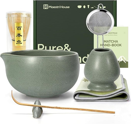 Maestri House Matcha Whisk Set, 7-Pc Complete Matcha Kit with Spouted Ceramic Bowl, Bamboo Whisk and Holder, Scoop, Spoon Rest & Sifter, Tea Cloth – Ideal Gift for Matcha Lovers (Moss-Green) by MaestriHouse
