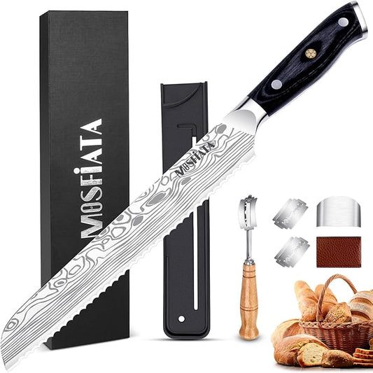 MOSFiATA Bread Knife 8” Ultra Sharp Serrated Knife, German High Carbon Stainless Steel EN1.4116 Bread Slicer with Bread Lame, Micarta Handle, For Bread, Cake, Bagels by MOSFiATA