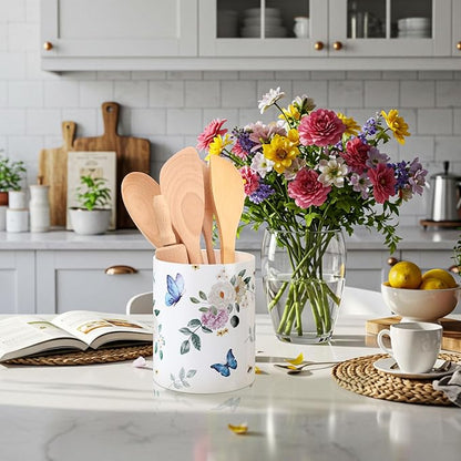 WILLBOND Butterfly Spring Kitchen Decor Acrylic Butterfly Kitchen Utensil Holder Crock Spoon Organizer for Countertop Table Decor Coffee Spoon Holder Jar for Cooking Tools
