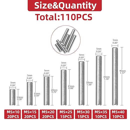 110Pcs Dowel Pins Shelf Support Pegs Kit, Stainless Steel Shelf Support Pin Fasten Elements Assortment Set M5 x 10/15/20/25/30/35/40mm, Metal Cabinet Shelf Pins Kit - Image 2