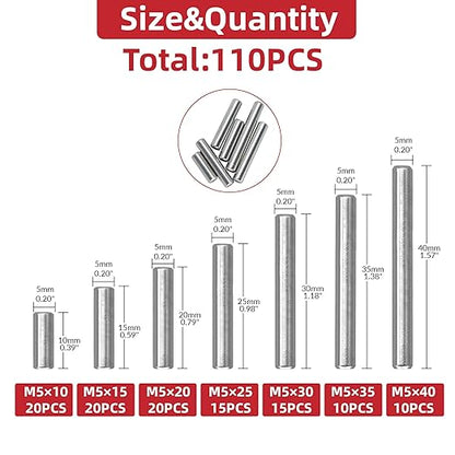 110Pcs Dowel Pins Shelf Support Pegs Kit, Stainless Steel Shelf Support Pin Fasten Elements Assortment Set M5 x 10/15/20/25/30/35/40mm, Metal Cabinet Shelf Pins Kit - Image 2