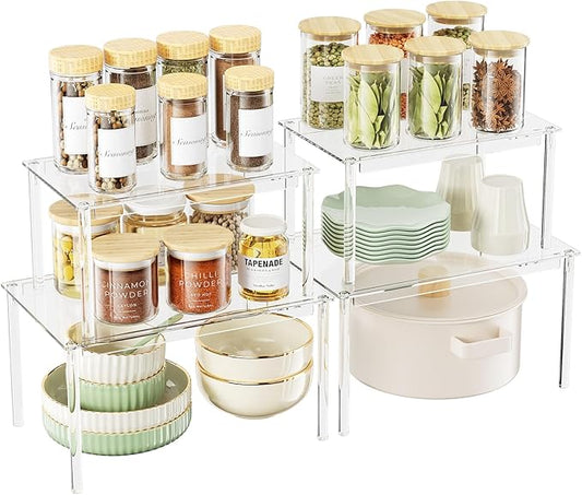Delamu Clear Kitchen Cabinet Organizer, Set of 4 Acrylic Shelf Organizer for Cupboard Organizers and Storage, Stackable Cabinet Shelf for Plate, Dish, Bowl, Cup & Mug, 11.7" W x 7.7" D x 6.3" H