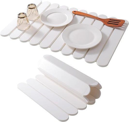 Large White Stone Dish Drying Mats for Kitchen Counter, Quick Dry Collapsible Eco-Friendly Super Absorbent Diatomaceous Earth Heat-resistant Mat for Dishes Bottles Cups, Match Any Countertop 24"×16"