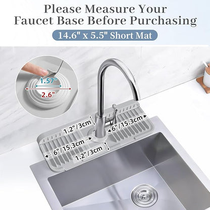 PoYang 14.6 inch Faucet Mat for Kitchen Sink Splash Guard, 7° Slope Silicone Sink Water Splash Guard for Kitchen Sink Area with Snap, Long Sink Protectors for kitchen Sink Sponge Holder, Light Grey