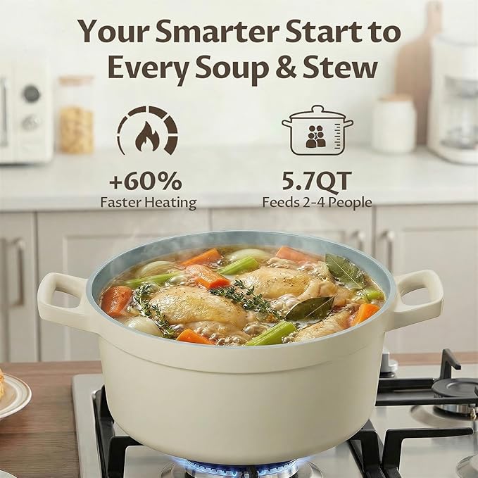 BEZIA 5.7 Quart Nonstick Ceramic Soup Stock Pot with Lid for Family Cooking, Induction Cooking Pot with Smart-Vent Braising, Easy Cleanup, Perfect for Side Dishes, Daily Meals & Camping
