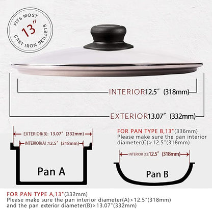 13 Inch Pan Lid Tempered Glass Pot Lid Replacement Pan Cover for 12.5"-13" Cast Iron Skillets, Frying Pans, Pots and Wok, Clear