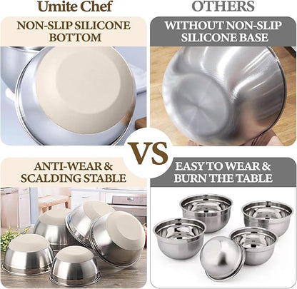 Umite Chef Mixing Bowls with Airtight Lids Set, 8PCS Stainless Steel Nesting Bowls with Grater Attachments, Non-Slip Bottoms, 5, 4, 3.5, 2, 1.5QT for Mixing & Serving - Image 4