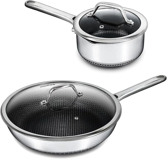 Hybrid Nonstick Cookware Set,Stainless Steel 12 Inch Frying Pan & 2QT Saucepan with Steamer Basket,3 PCS Silicone Kitchen Utensils Set