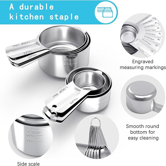 TILUCK Stainless Steel Measuring Cups Set,Kitchen Gadgets for Cooking & Baking,Set of 7 - Image 4