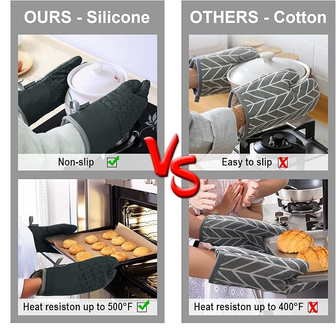 KEGOUU Oven Mitts and Pot Holders 6pcs Set, Kitchen Oven Glove High Heat Resistant 500 Degree Extra Long Oven Mitts and Potholder with Non-Slip Silicone Surface for Cooking (Deep Green) - Image 5