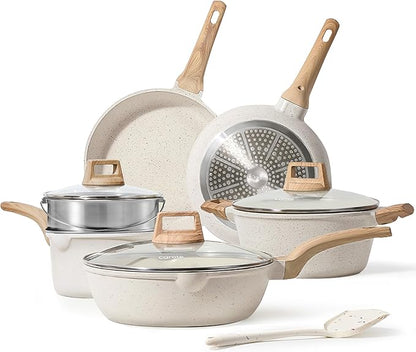 CAROTE Pots and Pans Set Nonstick, White Granite Induction Kitchen Cookware Set, 10 Pcs Non Stick Cooking Set w/Frying Pans & Saucepans(PFOS, PFOA Free) by CAROTE