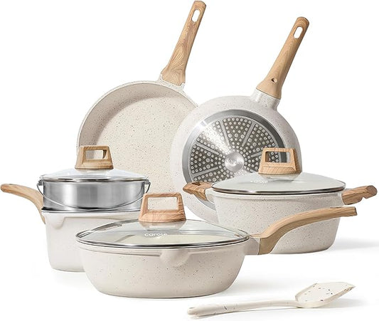 CAROTE Pots and Pans Set Nonstick, White Granite Induction Kitchen Cookware Set, 10 Pcs Non Stick Cooking Set w/Frying Pans & Saucepans(PFOS, PFOA Free) by CAROTE