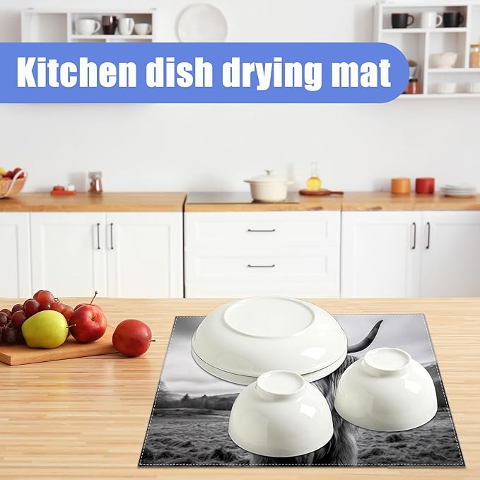 Highland Cow Dish Drying Mat for Kitchen Counter Drying Pad Absorbent Reversible Dish Drainer Rack Mats Draining Pad 18"x24"Inch - Image 6