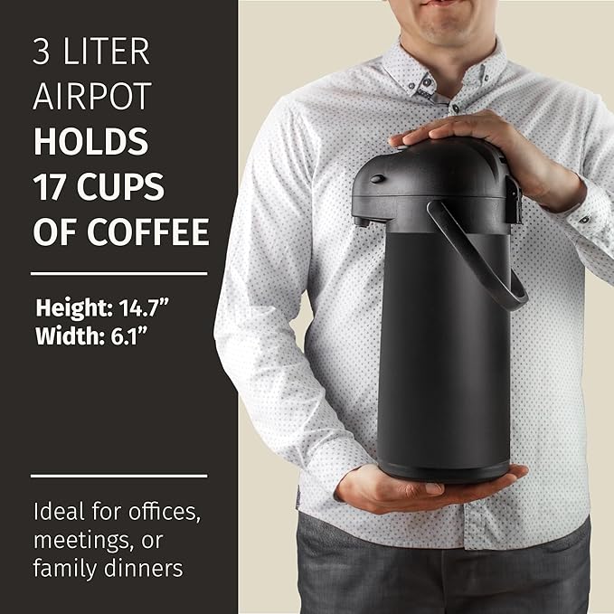 Airpot Coffee Dispenser With Pump, Black - 12 Hours Hot Water Dispenser with Pump, 36 Hours Cold - Coffee Thermal Carafe for Hot Drinks, Tea Flask for Beverages -Large Carafe w/ One-Handed Dispensing - Image 3