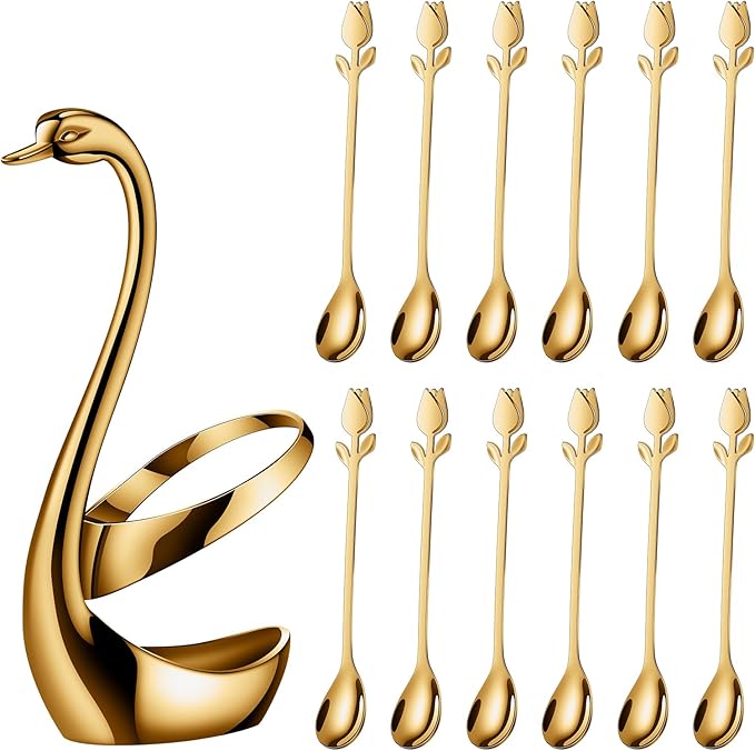 Gold Small Coffee Spoon Holder Set,Swan Base With 12 Pcs Demitasse Espresso Spoons Set,6" Mini Tulip/Rose Dessert Spoon,Stainless Steel Tea Spoons - Image 2