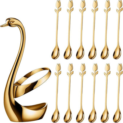 Gold Small Coffee Spoon Holder Set,Swan Base With 12 Pcs Demitasse Espresso Spoons Set,6" Mini Tulip/Rose Dessert Spoon,Stainless Steel Tea Spoons - Image 2