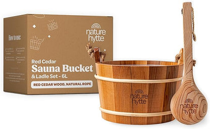 Red Cedar Sauna Bucket and Ladle Set 6L (1.6 Gallon) - Natural Rope Handle - Premium Red Cedar Wood - Natural Aroma - Elegant Gift-Ready Packaging