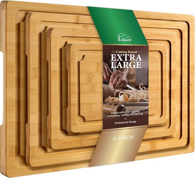Extra Large Cutting Board Set of 4, Bamboo Cutting Boards for Kitchen with Juice Groove and Handles Kitchen Chopping Board for Meat Cheese board Heavy Duty Serving Tray, Empune by Empune