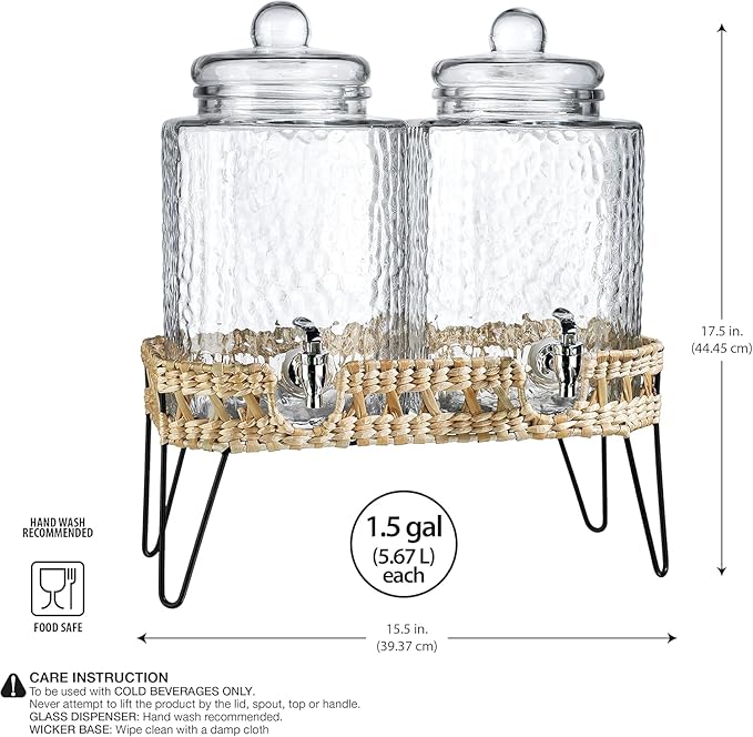 MosJos Beverage Dispensers - Set of 2 Glass Drink Dispensers with Metel Stand - 1.5-Gallon Capacity - Perfect for Lemonade, Juice, Water, Iced Tea, Punch (Wicker Design-Clear) - Image 8
