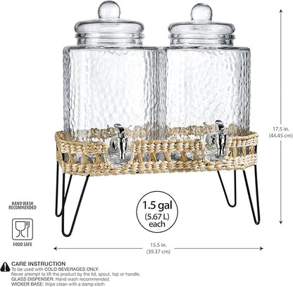 MosJos Beverage Dispensers - Set of 2 Glass Drink Dispensers with Metel Stand - 1.5-Gallon Capacity - Perfect for Lemonade, Juice, Water, Iced Tea, Punch (Wicker Design-Clear) - Image 8