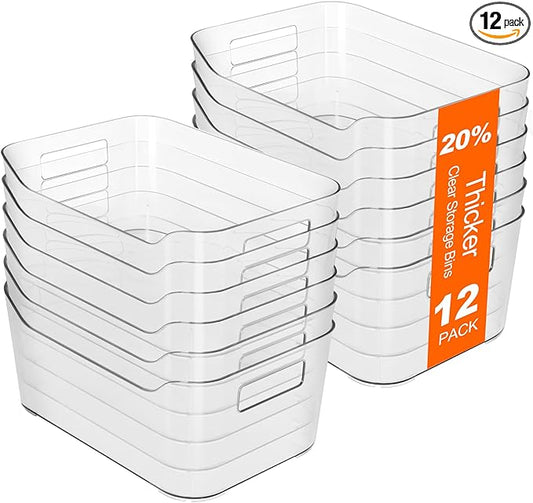 Hudgan 12 Pack Pantry Storage Bins for Kitchen Cabinet, Clear Plastic Organizer Bins for Bathroom, Pantry Organizer Containers for Home Edit, Drawer, Under Sink, Fridge